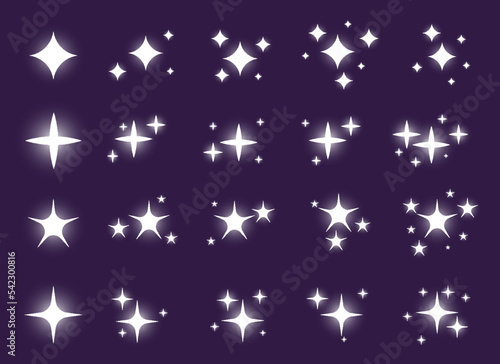Sparkles stars icon set. Different shapes of bright firework shiny sparkle, magic twinkle, sun glare decoration. Glowing light flash effect. Starry sky space. Spark shining burst radiance explosion