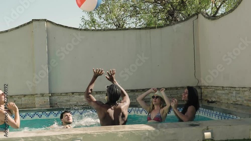 4K video of a group of friends playing with a ball in a swimming pool photo