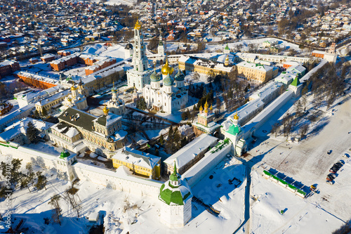 Drone view of residential quarters and the Trinity-Sergius Lavra in Sergiev Posad in winter  Russia.