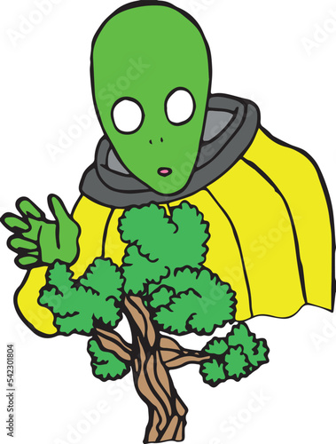 Alien Sobre Bonsai. Ilustração para Vetor, fundo transparente. Alien, Árvore Bonsai.