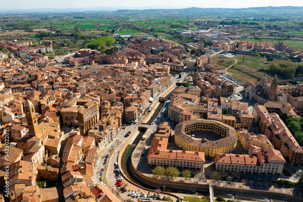Scenic aerial view of ancient Spanish town of Tarazona on banks of Queiles river overlooking Roman Catholic Cathedral 