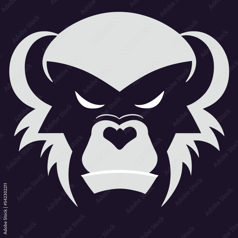 Gorilla face vector illustration. Pop art animal wild chimp head, creative character mascot logo symmetry design. Bright neon colors sticker. Monkeys, pets, animal lovers theme design element.