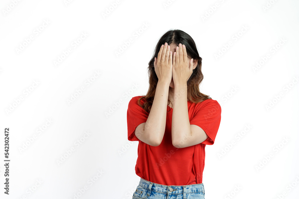 Happy pretty young asian woman red t-shirt isolated white background. close your eyes Happy pretty young asian woman red t-shirt isolated white background. close your eyes