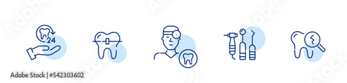Set of dentistry related icons. 24 hour, dentist, tools, braces and cracked enamel. Pixel perfect, editable stroke