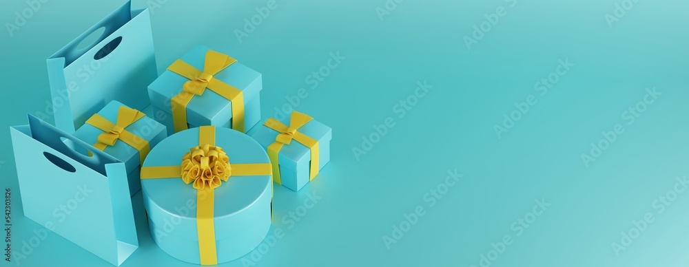 Beautifully packed blue gifts on a blue pastel background and shopping bags. Concept for Christmas and gift giving, gift wrapping. Black friday shopping. 3D render, 3D illustration. Beautifully packed blue gifts on a blue pastel background and shopping bags. Concept for Christmas and gift giving, gift wrapping. Black friday shopping. 3D render, 3D illustration.