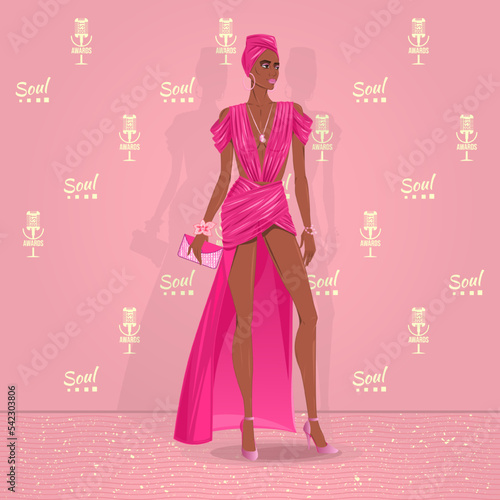 A young woman in a fashionable evening dress at the awards ceremony. Musician soul singer, jazz performer. Red carpet, backstage with logos. Vintage microphone. Art drawing, vector illustration.