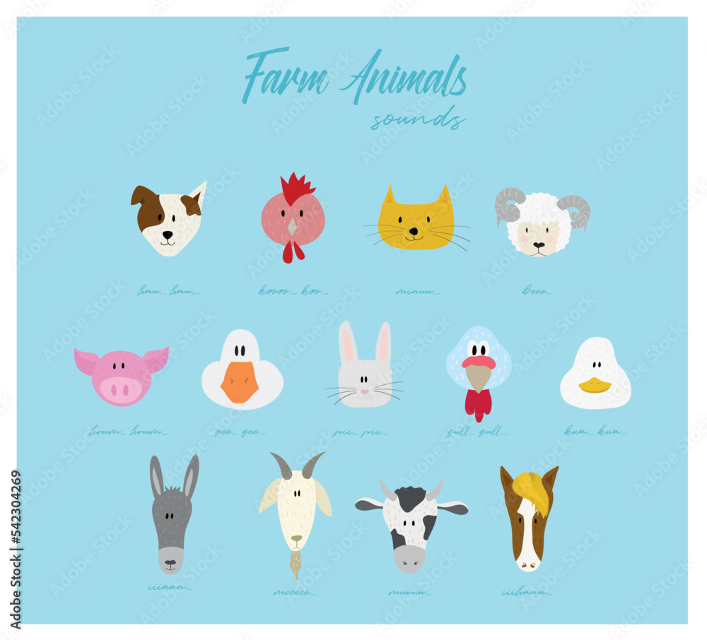 Funny farm animal's heads, portraits-  vector
