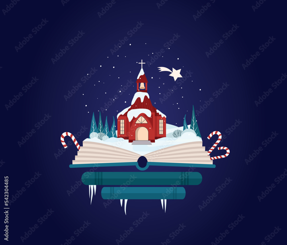 Imagination concept - christmas fairy tail story come out of a book. Book shop christmas. Red church with bethlejem star. Winter scenery for christams card
