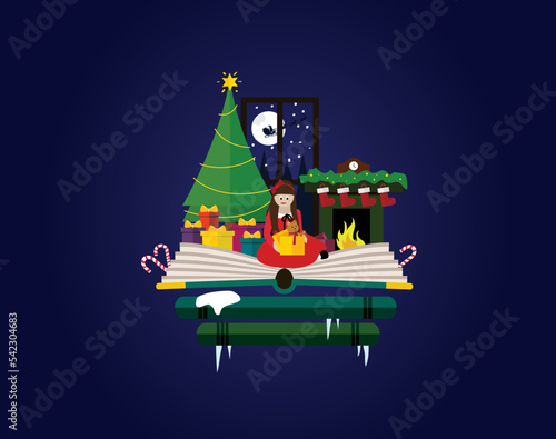 Imagination concept - christmas fairy tail story come out of a book. Girl in red dress opening christmas presents.

