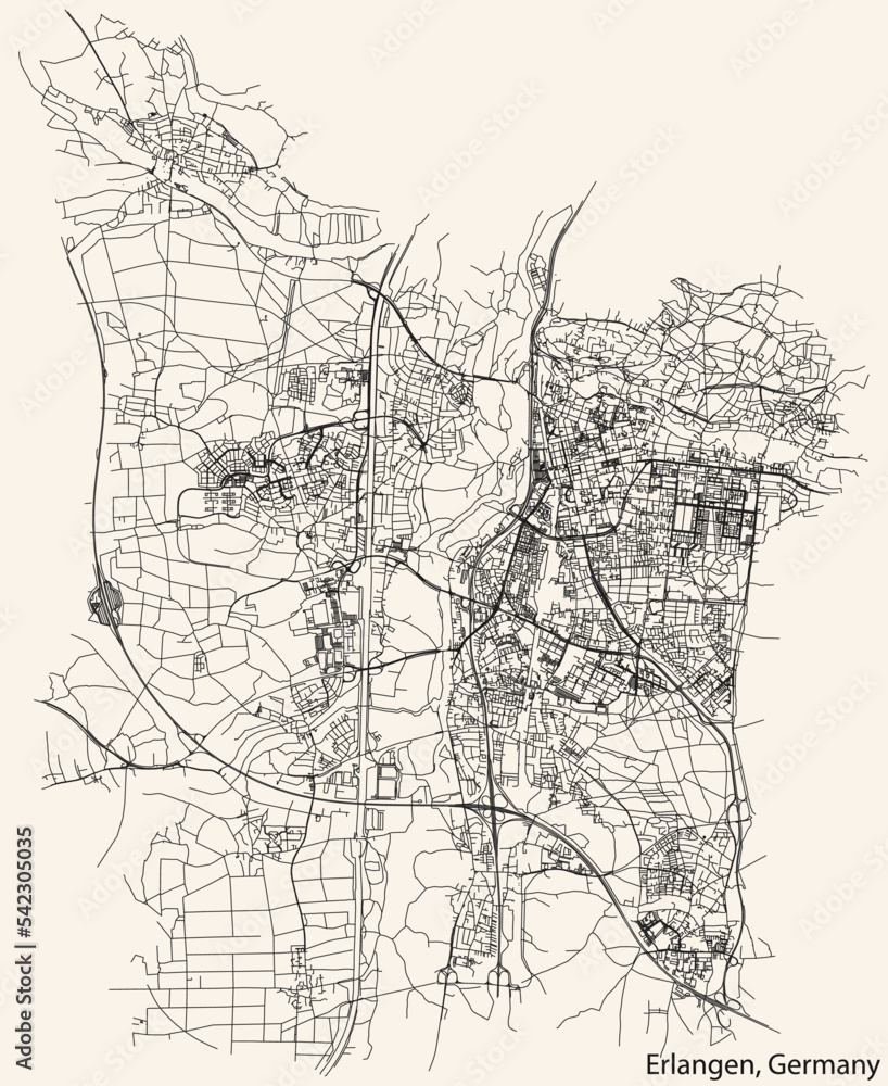 Naklejka premium Detailed navigation black lines urban street roads map of the German regional capital city of ERLANGEN, GERMANY on vintage beige background