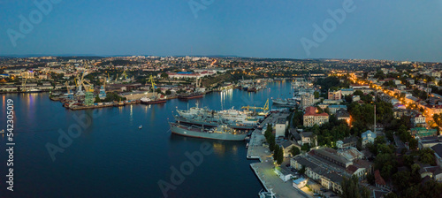 Night Sevastopol, aerial view of the Sevastopol bay