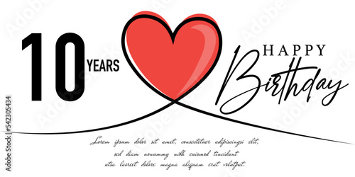 Happy 10th birthday card vector template with lovely heart shape.
