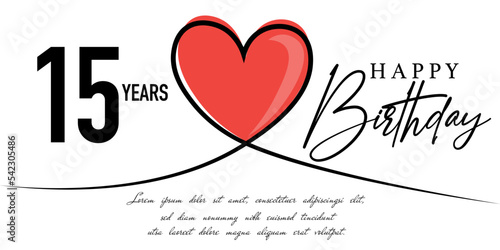 Happy 15th birthday card vector template with lovely heart shape.
