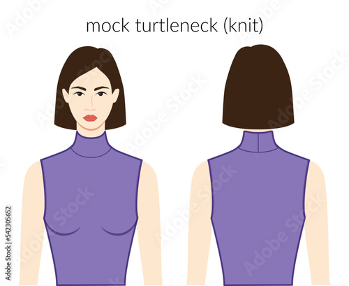 Mock turtlenecks knit neckline clothes knits, sweaters character beautiful lady in lavander dress technical fashion illustration. Flat apparel template front, back sides. Women, men unisex CAD mockup