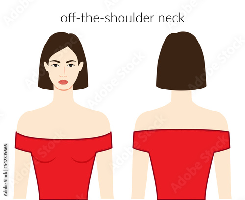 Off the shoulder neckline clothes character beautiful lady in red top, shirt, dress technical fashion illustration fitted body. Flat apparel template front, back sides. Women, men unisex CAD mockup