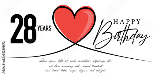 Canvas Print Happy 28th birthday card vector template with lovely heart shape