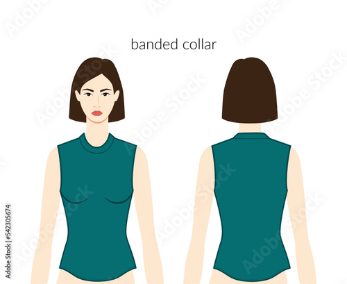 Banded neckline collar clothes character beautiful lady in emerald top, shirt, dress technical fashion illustration, fitted body. Flat apparel template front, back sides. Women, men unisex CAD mockup