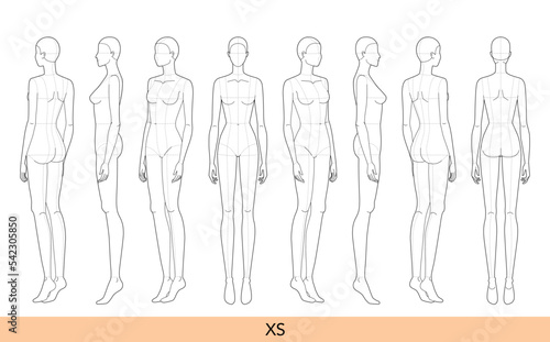 Set of XS size Women Fashion template 9 head Croquis Lady model skinny body with main lines figure front, side, 3-4, back view. Vector outline girl for Fashion Design, Illustration, technical drawing