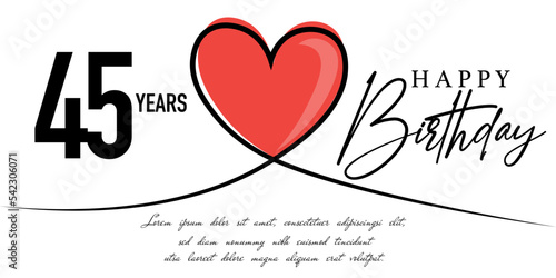 Happy 45th birthday card vector template with lovely heart shape.
 photo