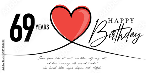 Happy 69th birthday card vector template with lovely heart shape.
