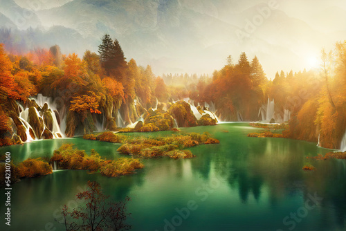 Mountainous frozen waterfalls can be seen in an aerial view of the Plitvice Lakes in Croatia during the autumn season. A autumn landscape with foliage and brown leaves. 3D illustration.