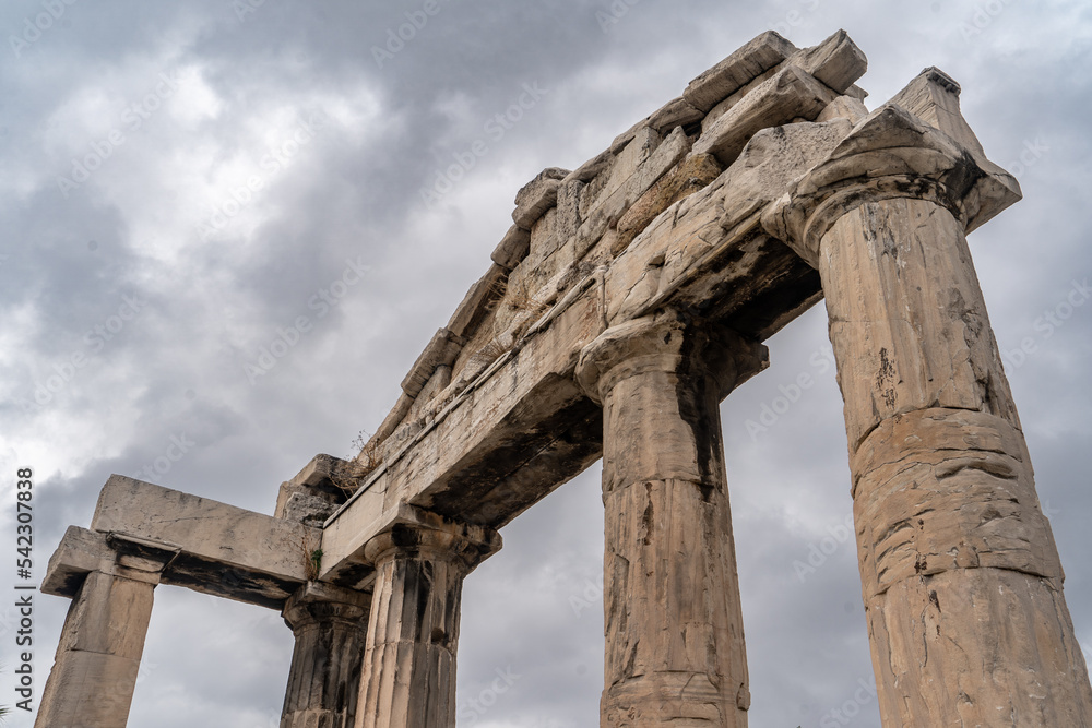 View of the gate of Athena Archegetis at the Roman Forum or Agora in historic Athens