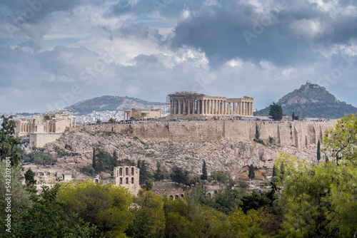 View of the Acropolis and the Pantheon in Athens Greece 