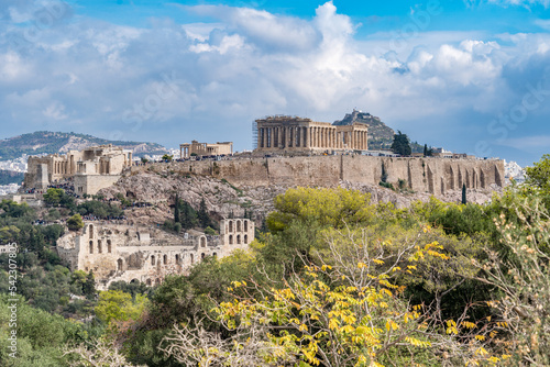 View of the Acropolis, Parthenon with Doric columns, Temple of Athene Nike in Athens Greece
