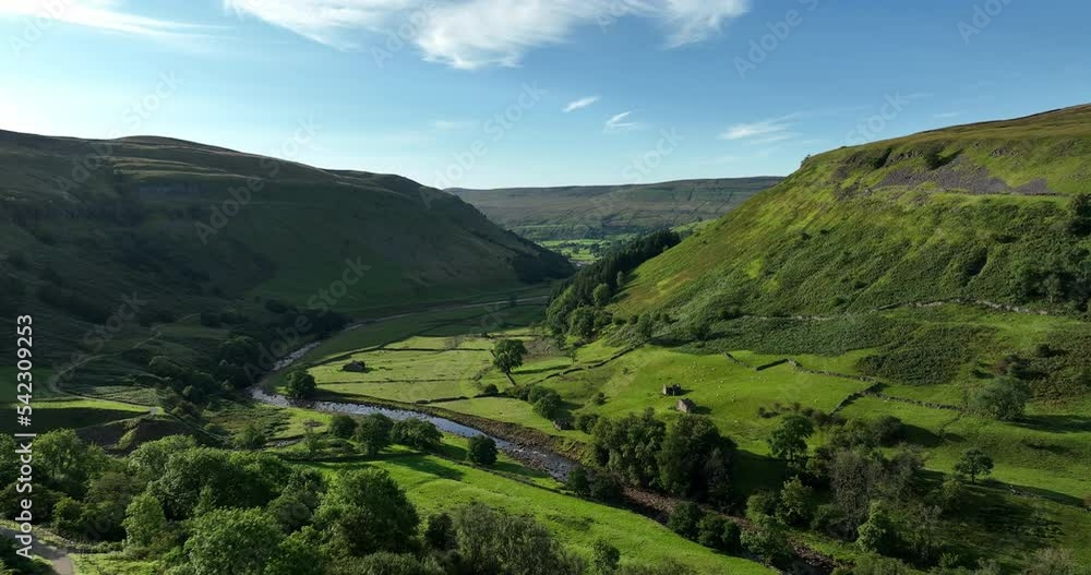 Aerial shot of a green valley in Yorkshire Dales Aerial shot of a green valley in Yorkshire Dales