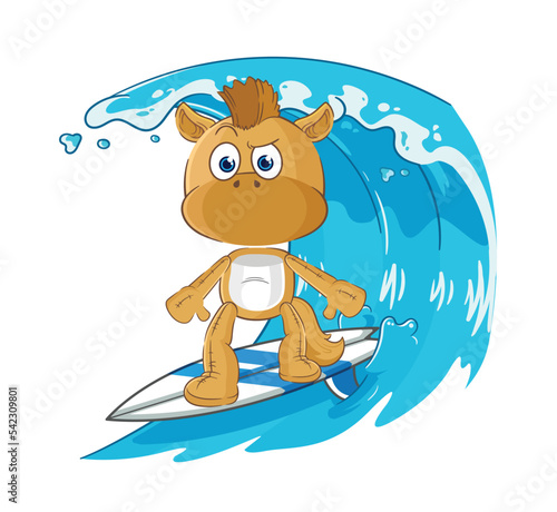 horse surfing character. cartoon mascot vector