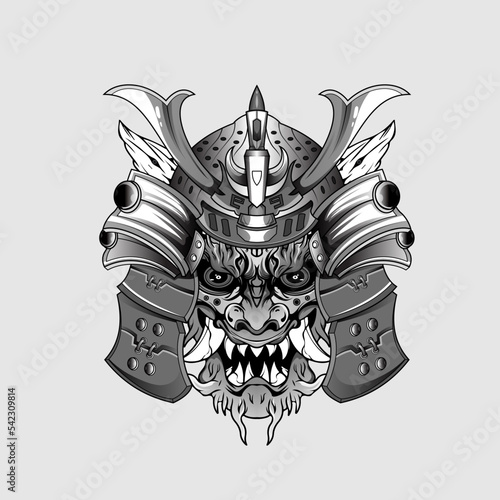 Black tattoos Samurai mask Oni Devil Japanese Traditional warrior helmet illustration. Military and history concept for symbols and emblems templates Suitable for tattoos