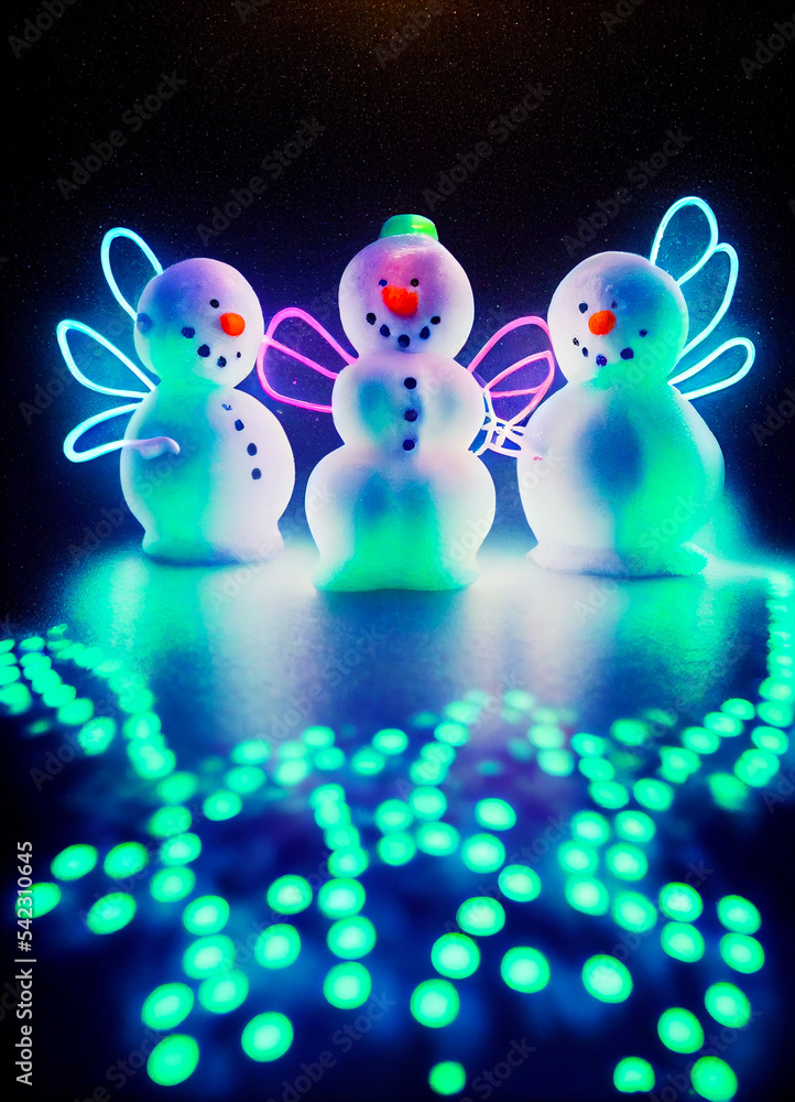 Obraz premium Snowmen with neon wings smiling. Green neon lights. 