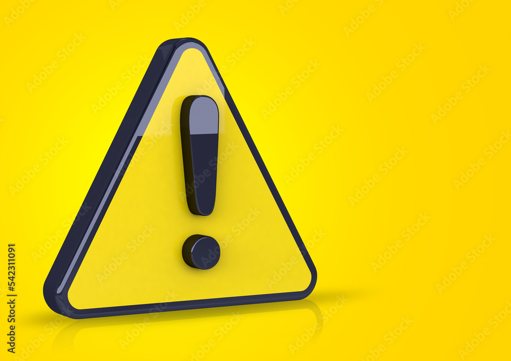 Security and attention alert yellow symbol. Yellow sign icon with triangle and exclamation mark. 3D rendering. Security and attention alert yellow symbol. Yellow sign icon with triangle and exclamation mark. 3D rendering.
