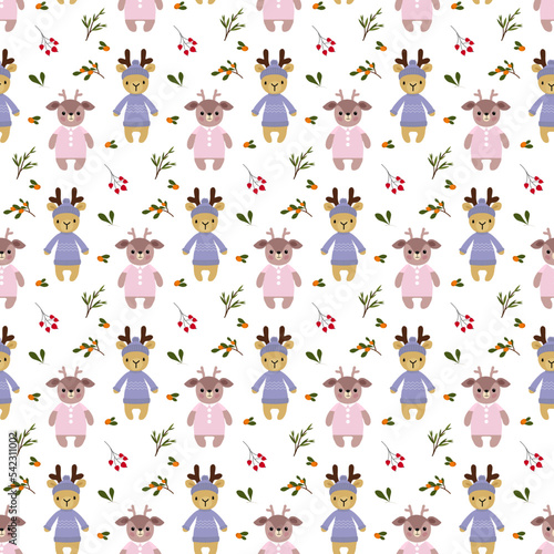 Pattern with cute deer and forest plants. Stylized animals. For baby products, prints and clothes, brochures, packaging, flyers, fun gender parties.Vector illustration.