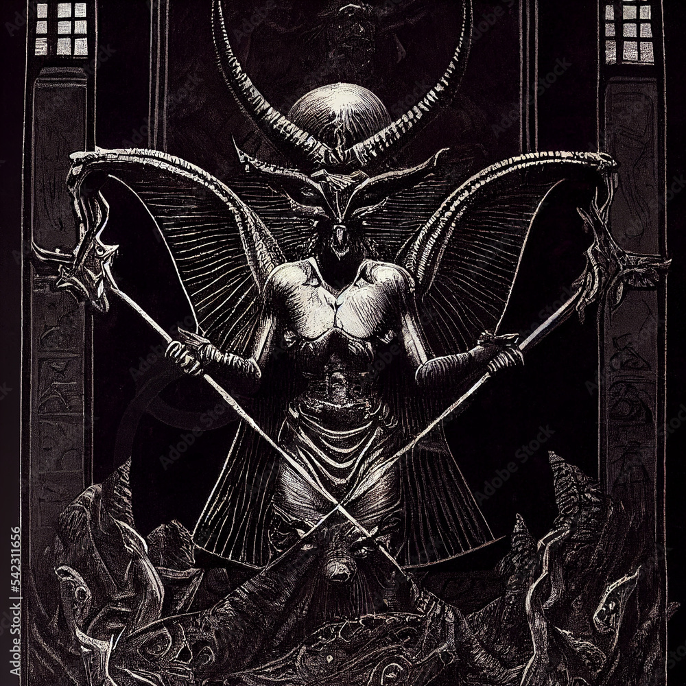 Baphomet statue gothic engraving illustration filigree background Stock