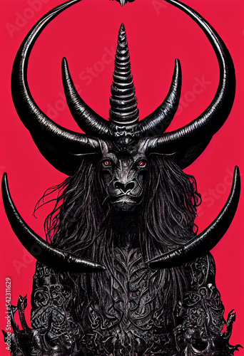 Baphomet demon king gothic engraving illustration red background 