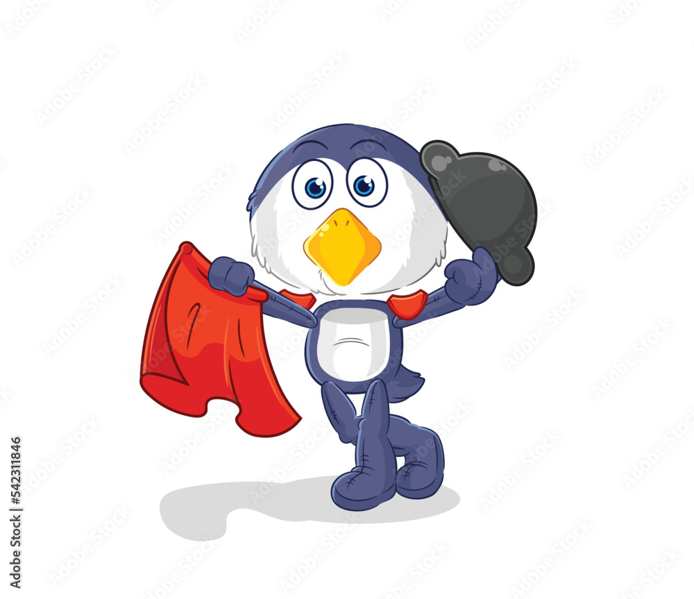Obraz premium penguin matador with red cloth illustration. character vector