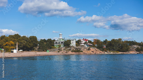 View of Hanko town coast, Hango, Finland, with beach and coastal waterfront, wooden houses and beach changing cabins, Uusimaa, Hanko Peninsula, Raseborg sub-region, summer sunny day