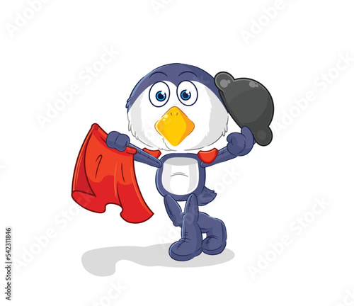 penguin matador with red cloth illustration. character vector