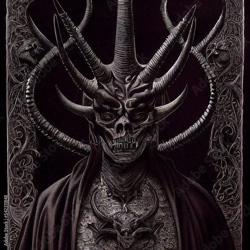 Horned Demon King gothic engraving illustration filigree background 