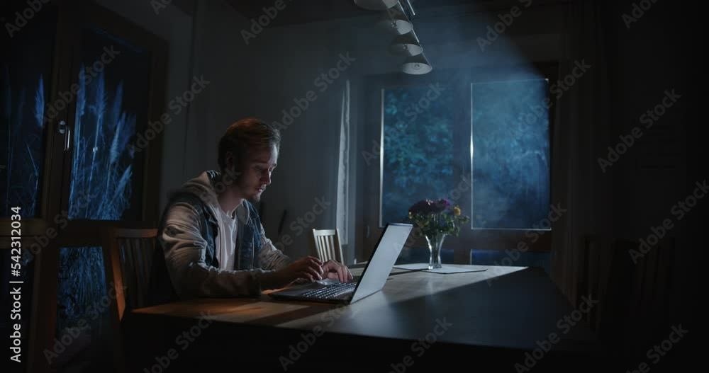 someone is typing on the laptop in the living room at night, with light from outside (film set) someone is typing on the laptop in the living room at night, with light from outside (film set)