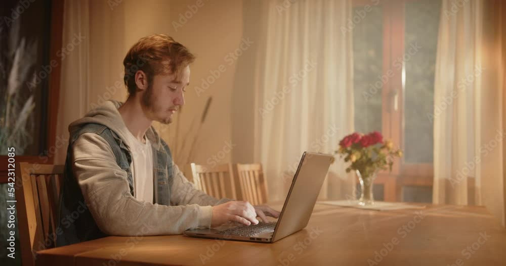 someone is typing on the laptop in the living room in the morning, with light from outside (film set) someone is typing on the laptop in the living room in the morning, with light from outside (film set)
