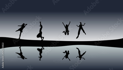 Shadows of black people in various jumping exercises. Vector illustration.