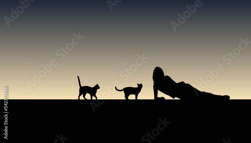 Silhouette black woman resting with cat on dark background. Vector illustration.
