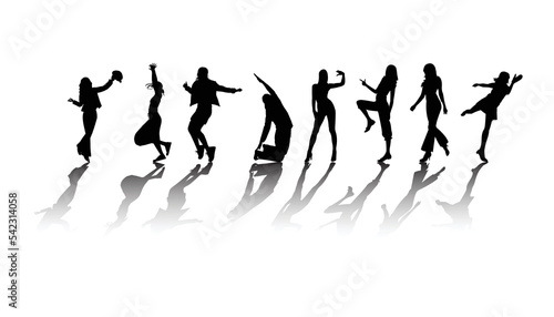 Black silhouettes of men and women in various poses. Vector illustration.