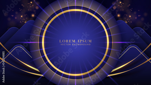 Abstract golden ring and circle frame elements with gold ribbon, blue geometric shape, sparkle glowing effect, and bokeh decoration on dark blue background