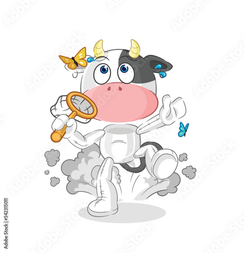 cow catch butterfly illustration. character vector
