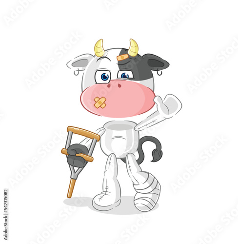 cow sick with limping stick. cartoon mascot vector