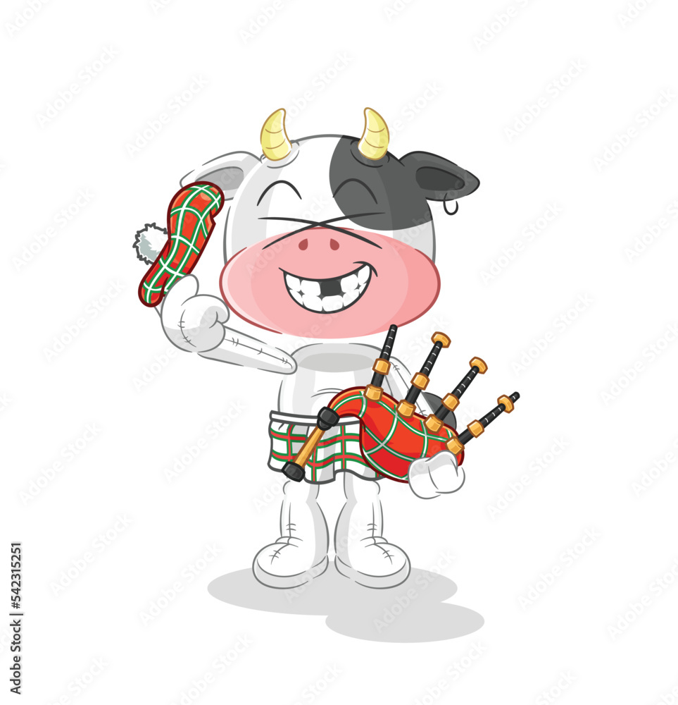 Obraz premium cow scottish with bagpipes vector. cartoon character