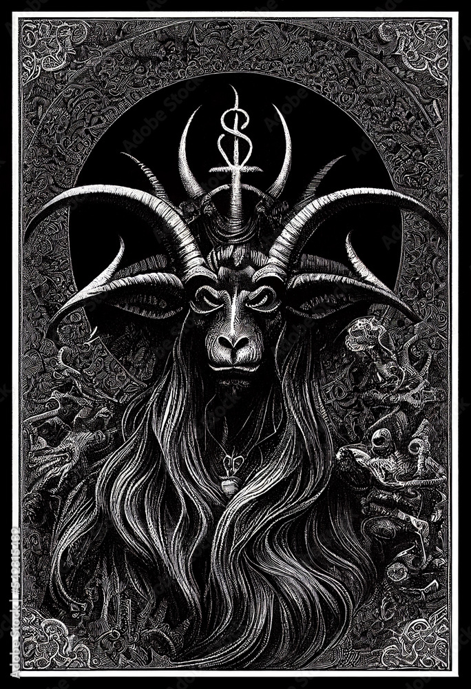 Horned Demon King Baphomet gothic engraving illustration filigree